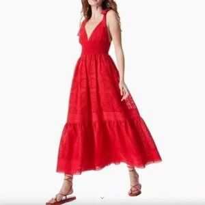 ALICE + OLIVIA~LEVINE SMOCKED EYELET MIDI DRESS~BRIGHT POPPY~12~NWT